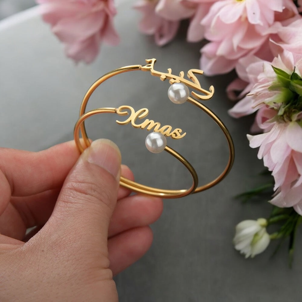 Personalised Name Bangle Bracelet with Pearl Accent