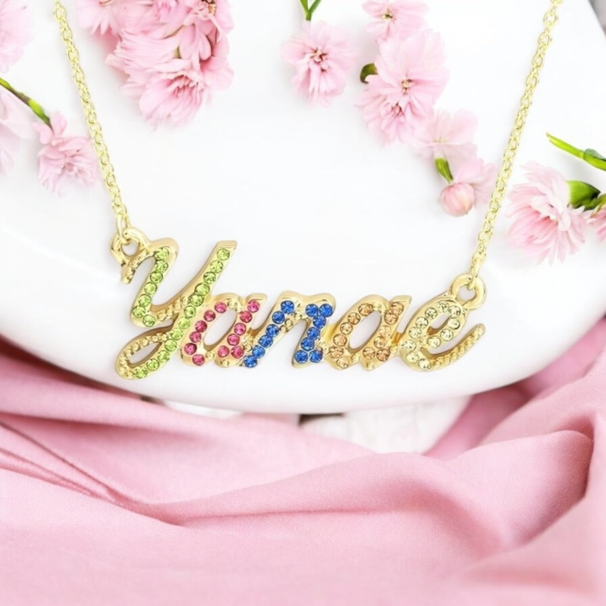 Personalised Name Necklace with Rainbow Stones