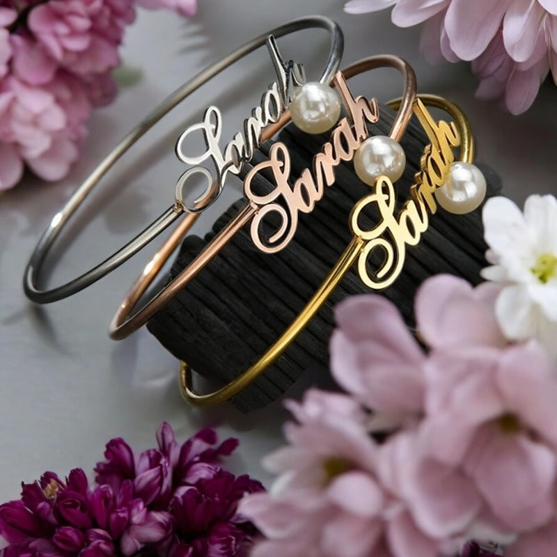 Personalised Name Bangle Bracelet with Pearl Accent