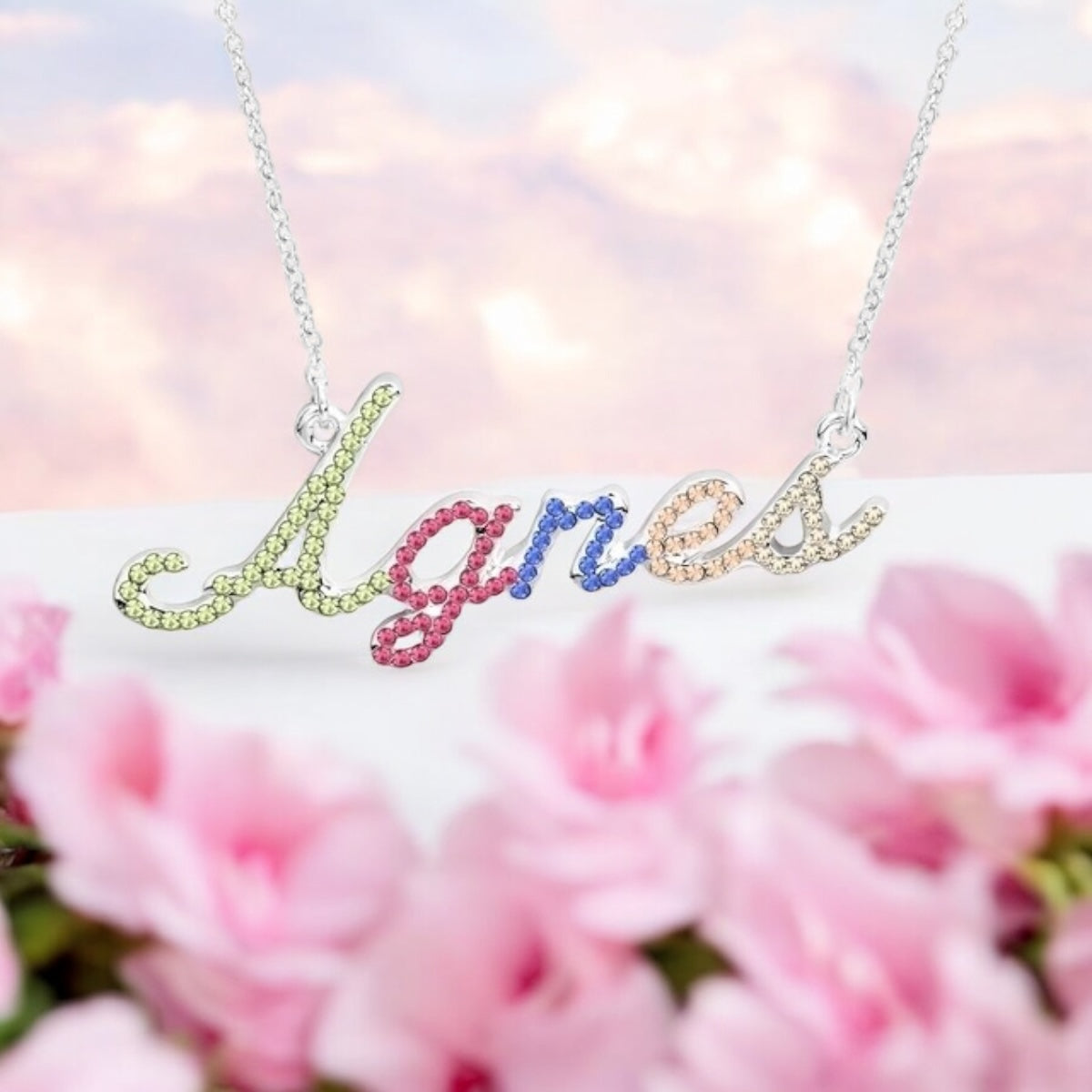 Personalised Name Necklace with Rainbow Stones