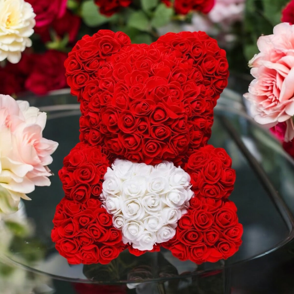 Red Rose Teddy Bear – Handmade Plush Bear with Red Roses 25cm - 40cm