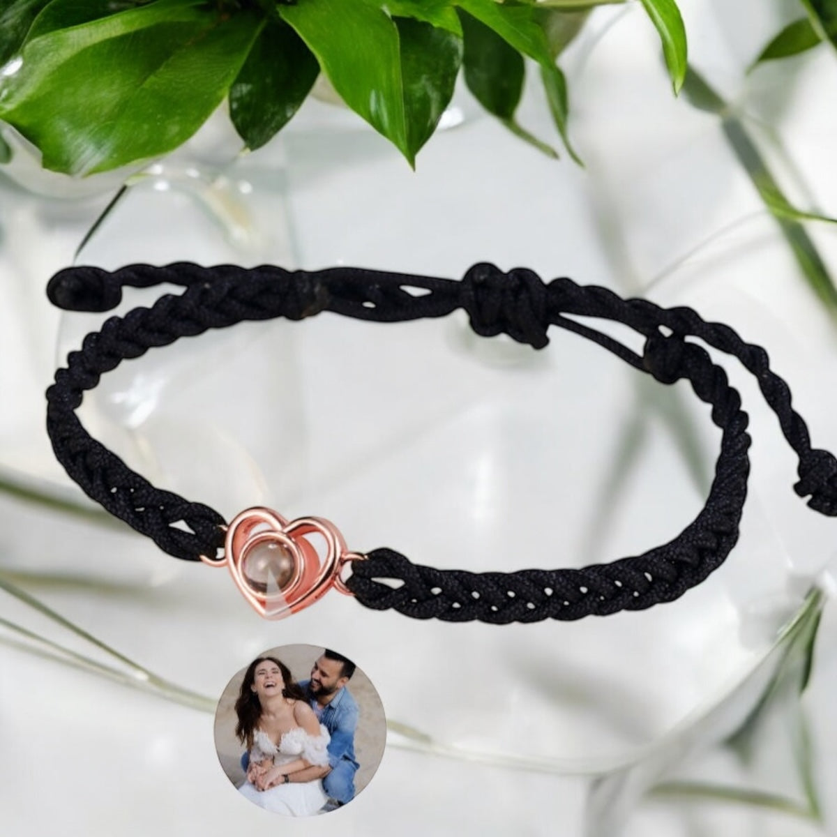 Personalised Heart Photo Projection Bracelet with Black Rope