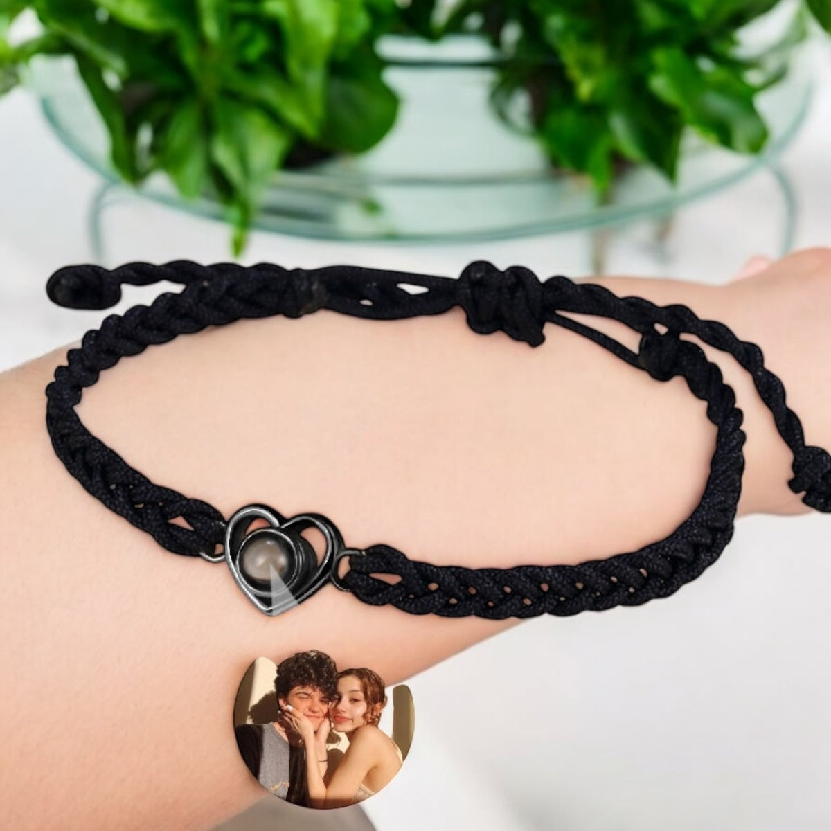 Personalised Heart Photo Projection Bracelet with Black Rope
