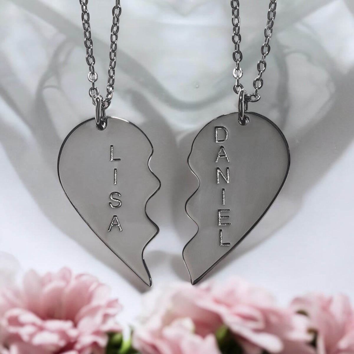 Personalised Engraved Broken Heart Necklace Set
