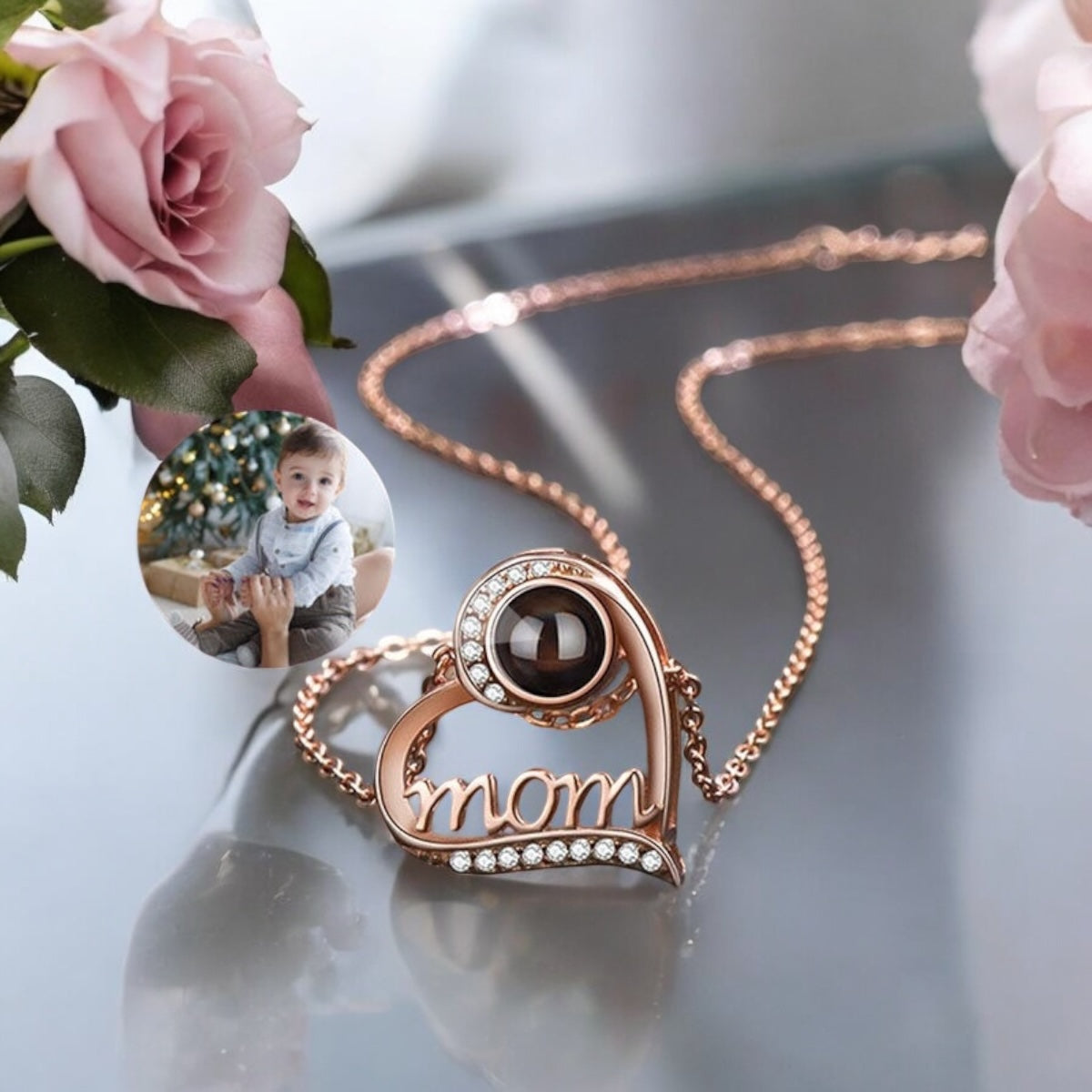 Personalised Mom in Heart Photo Projection Necklace