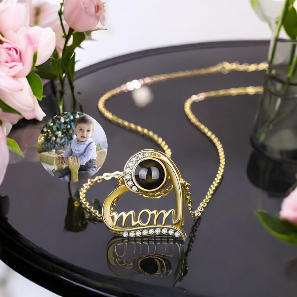 Personalised Mom in Heart Photo Projection Necklace